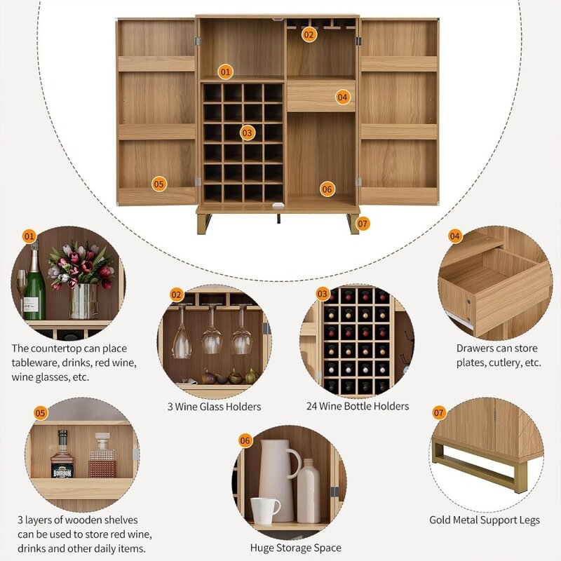 Bar cabinet, foldable side panel, with wine and glass shelves, storage room in living room and dining room, bar cabinet