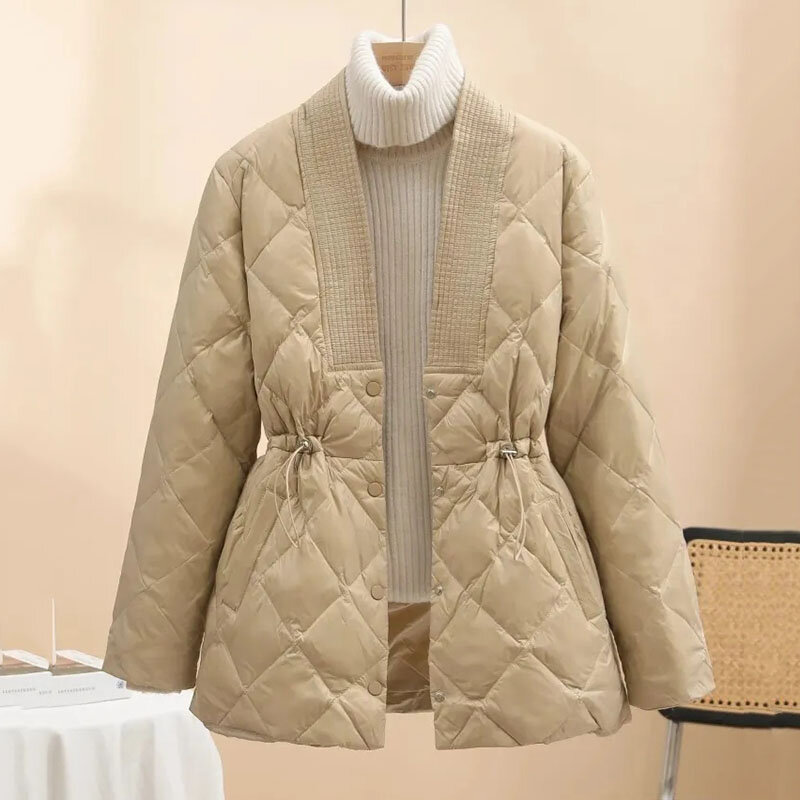 Autumn Winter Lingge Cotton Jacket 2024 New Women Warm Parkas Female Long Sleeve V-Neck Casual Cotton Padded Outwear Ladies Tops