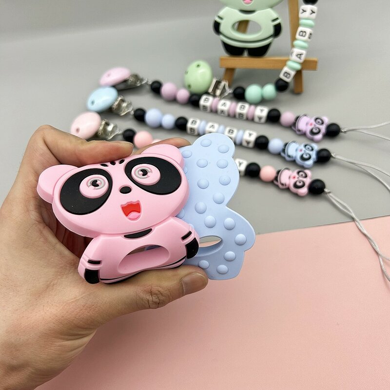 Chupete de silicona con diseño de Panda para bebé, mordedor de cadena con nombre de letra en inglés y ruso personalizado, mordedor Kawaii, regalos
