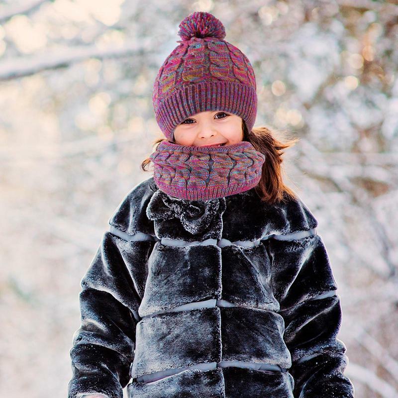어린이용 두꺼운 모자 스카프 및 눈 장갑 세트, 귀여운 폼폼 모자, 야외 따뜻한 유아 액세서리, 겨울