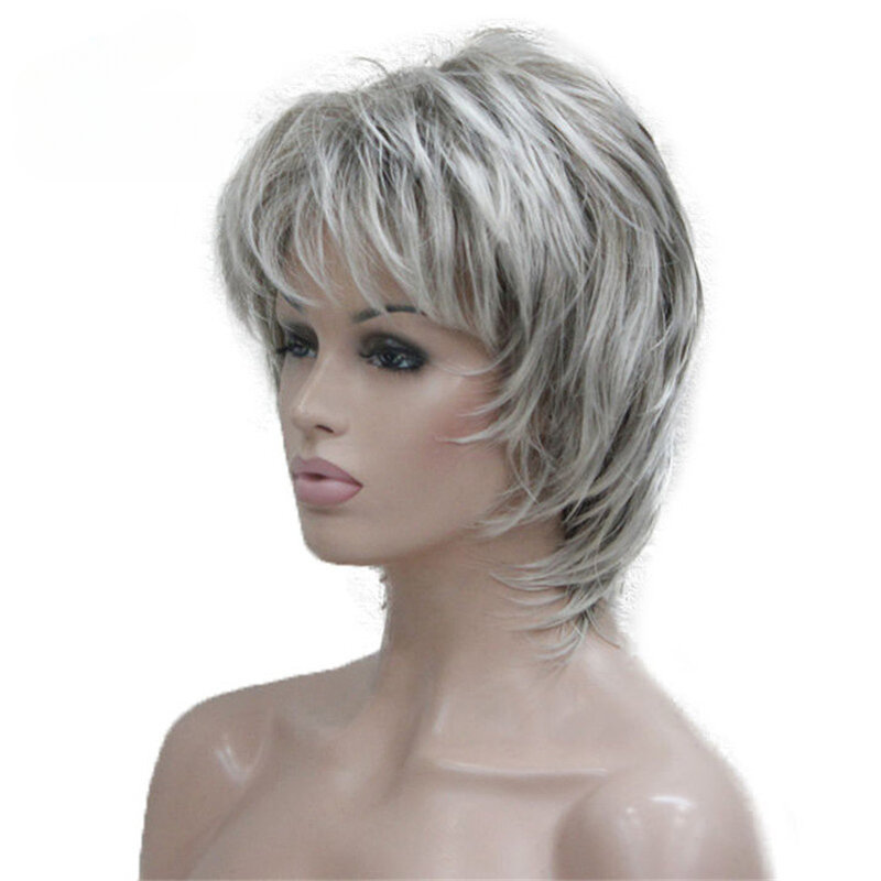 Krótka miękka kudłata warstwowa srebrna Mix klasyczna czapka z pełnym peruka syntetyczna damskie peruki blond color do wyboru