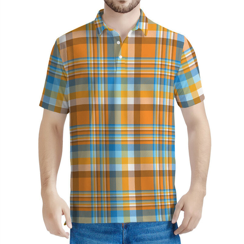 Рубашка-поло мужская в клетку, Классическая футболка с цветным полосатым принтом, с коротким рукавом, с лацканами, в стиле оверсайз, лето