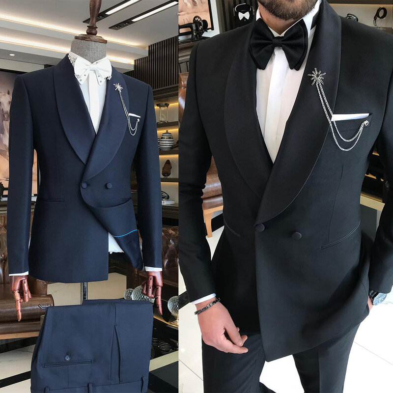Przystojny garnitury męskie smoking z klapą dwurzędowy, dwurzędowy, dwuczęściowy, dopasowany marynarski, szyty na miarę, elegancki, klasyczny biznes