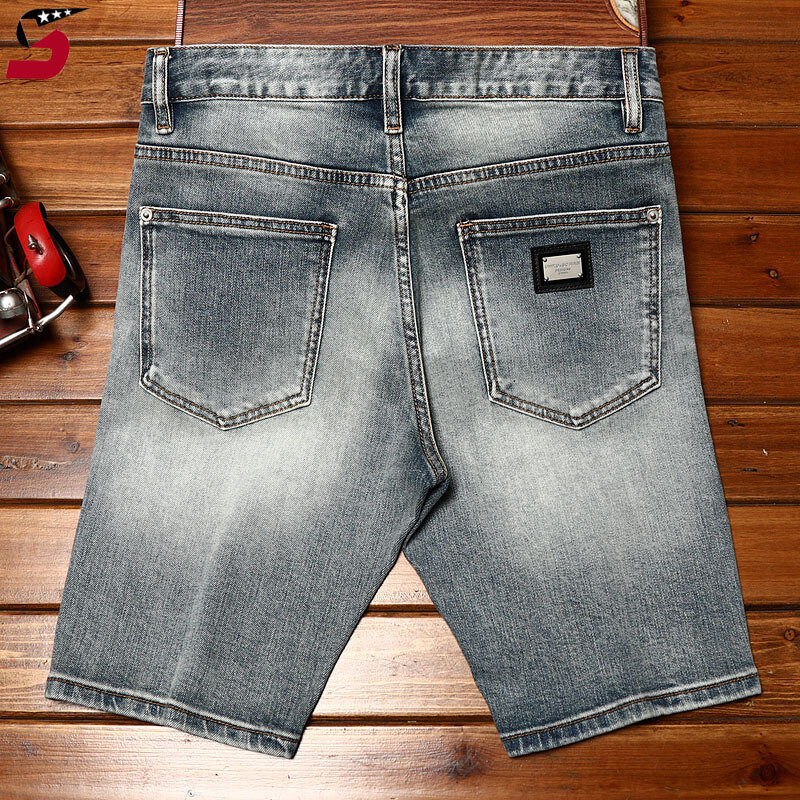Pantalones cortos de mezclilla para hombre, Shorts de alta gama, color azul, elásticos, nostálgicos, estilo Retro, para verano, 2024