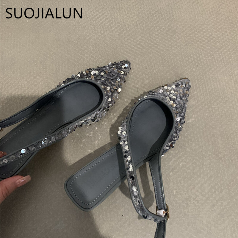 SUOJIALUN 2023 New Bling Women Sandal Fashion Pointed Toe Shallow Slip On Ladies Elegant Slingback Shoes Med Heel Pumps Shoes