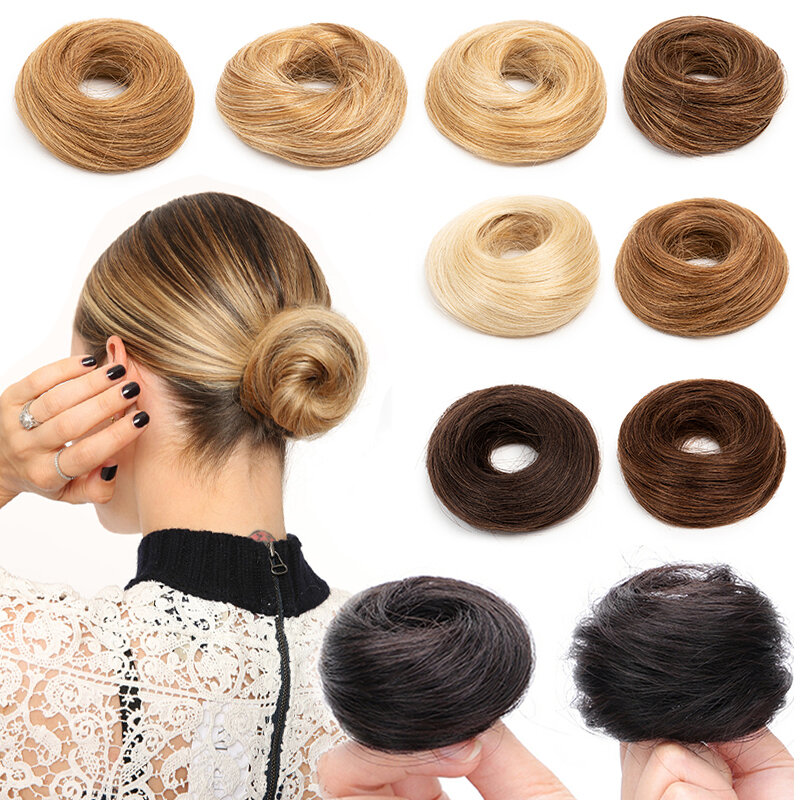 MRS HAIR Human Hair Buns Chignon Ponytail Hairpiece Updo Donut Real Hair Extensions Flexible Elastic Band Brown Blond