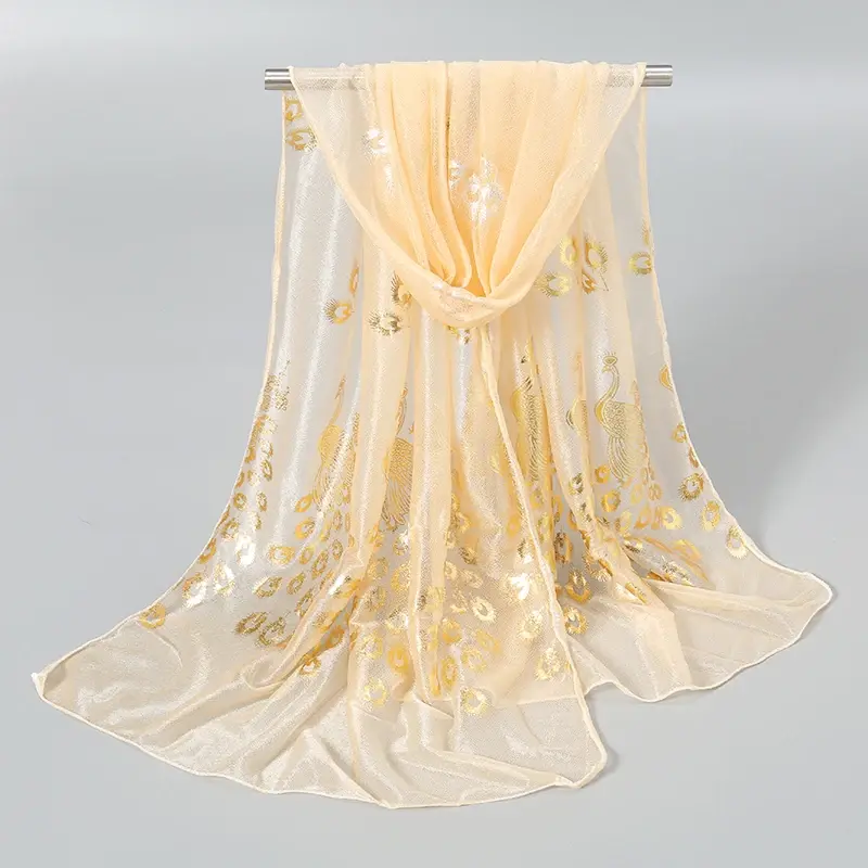 Donne Glitter silenziatore sottile tinta unita elegante sciarpa Hijab sciarpe lunghe in Chiffon oro stampa pavone scialle avvolgente sciarpa Georgette