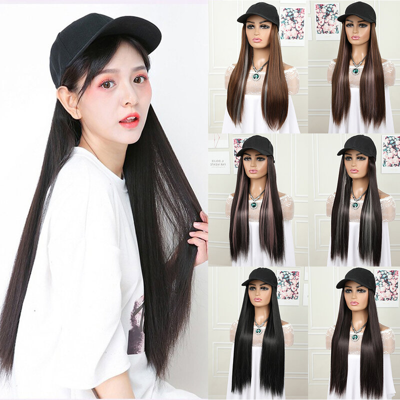 Gorra de béisbol recta larga sintética con extensiones de cabello para mujeres y niñas, sombrero de peluca ajustable de fibra de alta calidad, 24 pulgadas