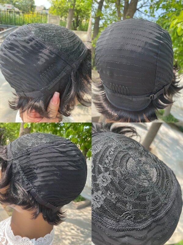 Pelucas de cabello humano para mujeres negras, Pelo Corto con corte Pixie, hecho a máquina con flequillo, sin pegamento