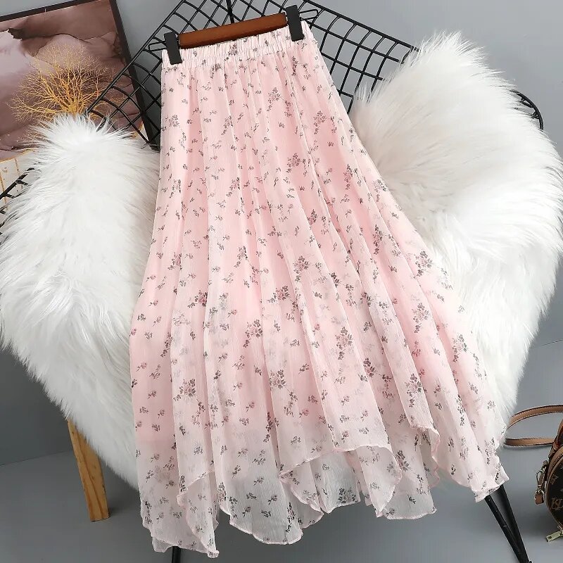 Женская сетчатая юбка с цветочным принтом, трапециевидная тонкая Асимметричная шифоновая юбка с милым принтом, лето 2024