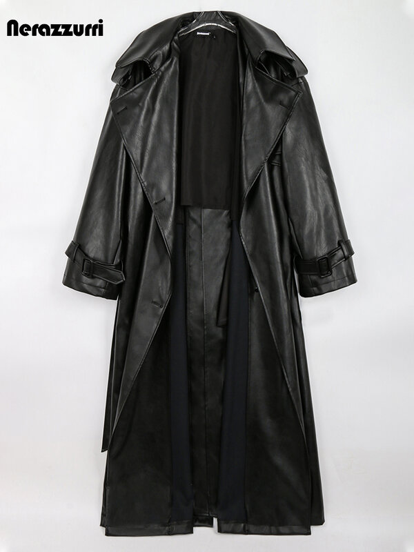Nerazzurri-gabardina larga de cuero Pu para mujer, abrigo negro de gran tamaño, cinturón de doble botonadura, holgado, informal, moda coreana, primavera y otoño