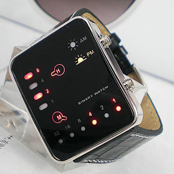 Reloj de pulsera deportivo Digital para Hombre y mujer, pulsera binaria de cuero, LED rojo