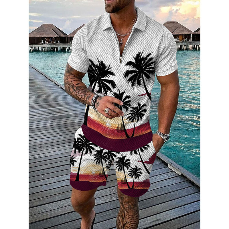 Hawaii setelan pakaian olahraga pria, setelan baju Polo pantai cetak 3D 2 buah, kemeja lengan pendek ukuran besar untuk lelaki
