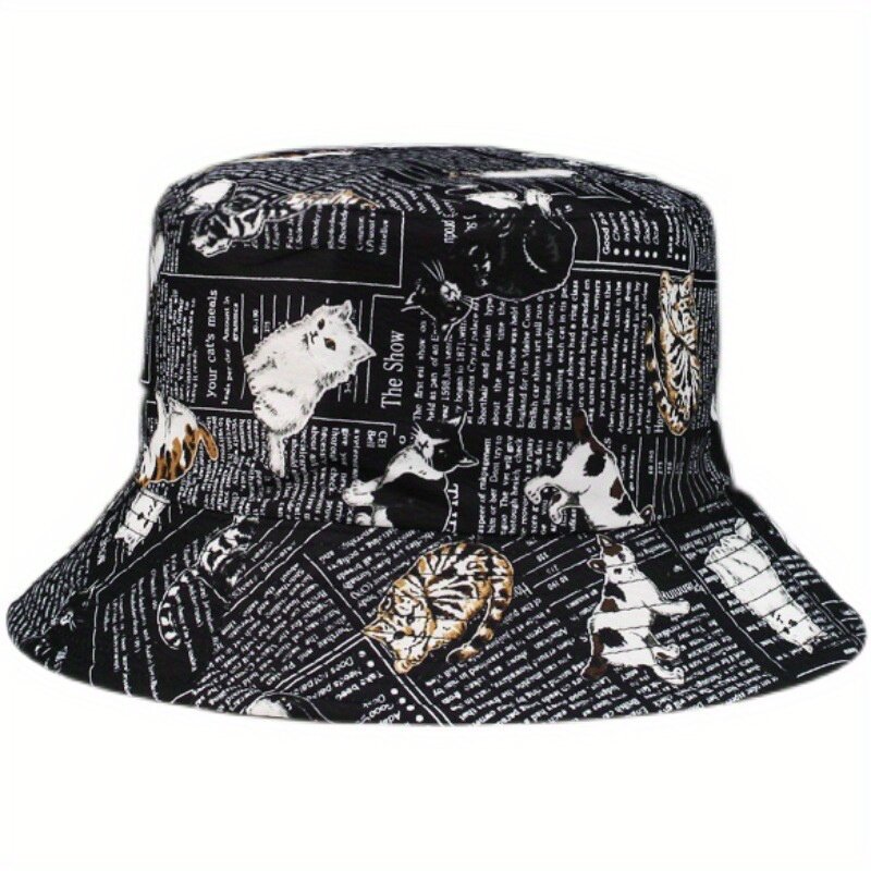 Chapéu de pescador reversível com impressão de jornal gato para homens e mulheres, proteção solar, respirável, para esportes de verão, caminhadas, bob