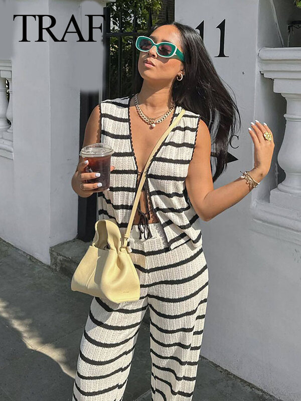TRAF Women Fashion Summer 2 Pieces Set Black And White Striped V-Neck Lace-Up Tops+Knitted High Waist Wide Leg Pants Female Suit
