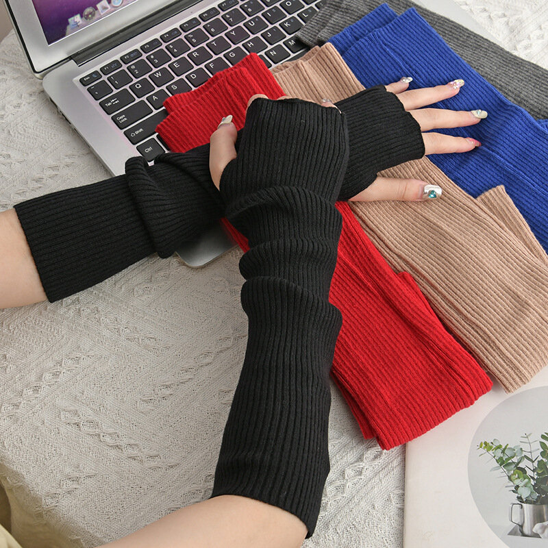 Y2K Women Knitted Arm Warmer Long Fingerless Gloves Mitten Winter Solid Arm Sleeve Fashion Casual Soft Girls Clothes Punk Gloves