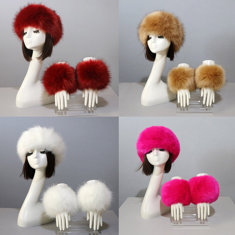 Женская зимняя повязка на голову из искусственного лисьего меха, шапка, манжеты, теплые женские перчатки с рукавом на запястье, меховая шапка, кашемировое пальто, аксессуары, 1 комплект