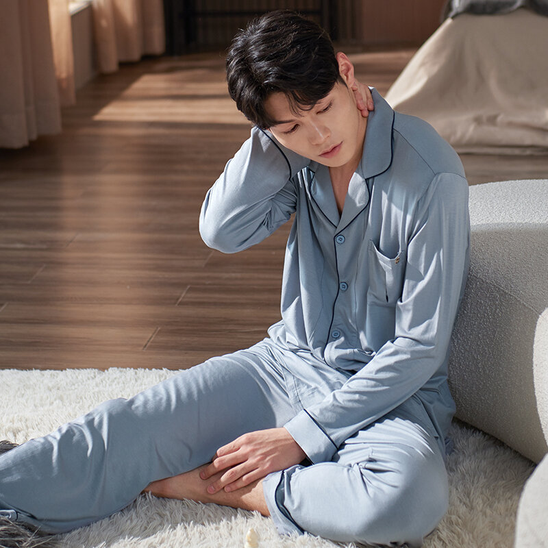 Men Nightwear Suit Autumn Soft Modal Long Sleeve High Quality Pajamas Casual Cardigan Homewear Plus Size M-XXXL Pijama Hombre