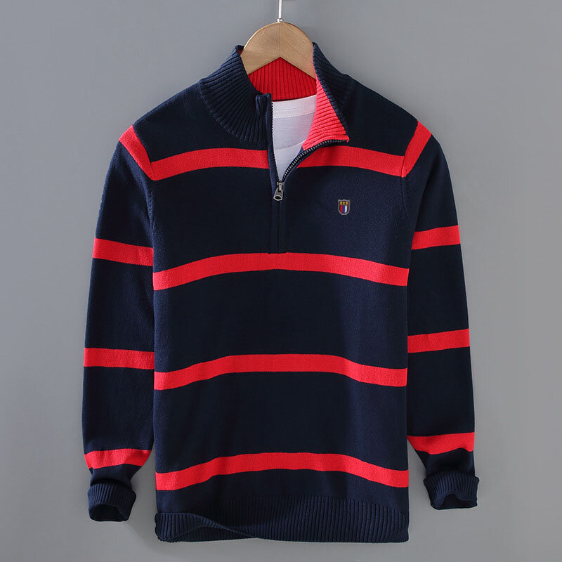 Wysokiej jakości 100% bawełniane jesienno-zimowe męskie swetry z golfem z długim rękawem odzież z dzianiny grube płaszcze modne męskie topy w paski