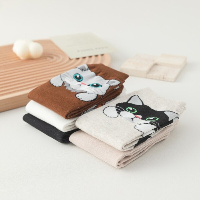 Носки с рисунком кота, милые хлопковые носки в Корейском стиле Харадзюку, женские Чулочные изделия, носки с животными для пар
