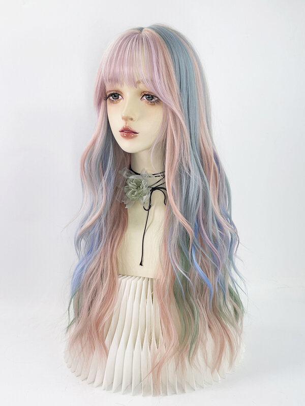 Cos Rainbow Wig Paris Painting Dyed Female Full-Head Baby Blue and Green Highlight Color Gradient Lolita Long Curly Hair