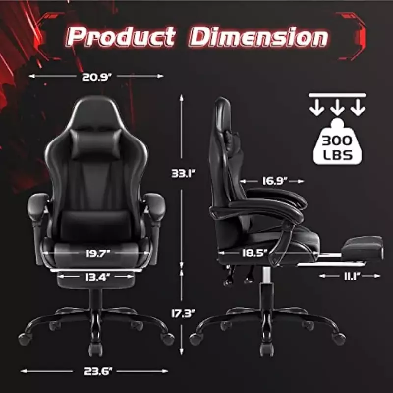 Footrest and Massage Lumbar Support, Video Game Chairs Height Adjustable Seat with Headrest for Office or Bedroom, Study Room,