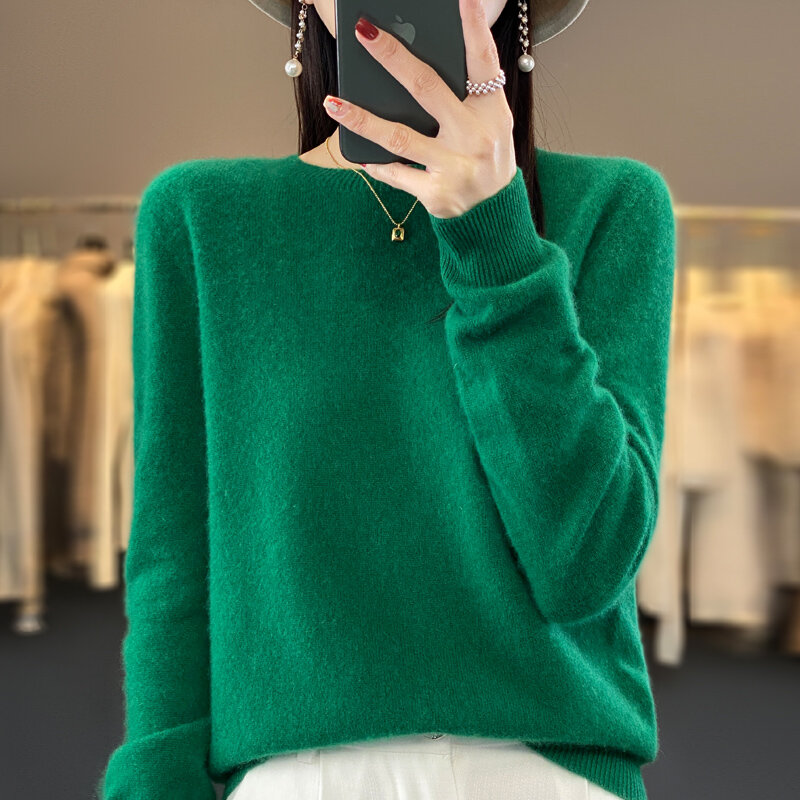 100% z czystej wełny merynosów miękki sweter damski sweter z okrągłym dekoltem jesienna zima na co dzień dzianinowy Top jednolity kolor zwykłej dzianiny damskiej