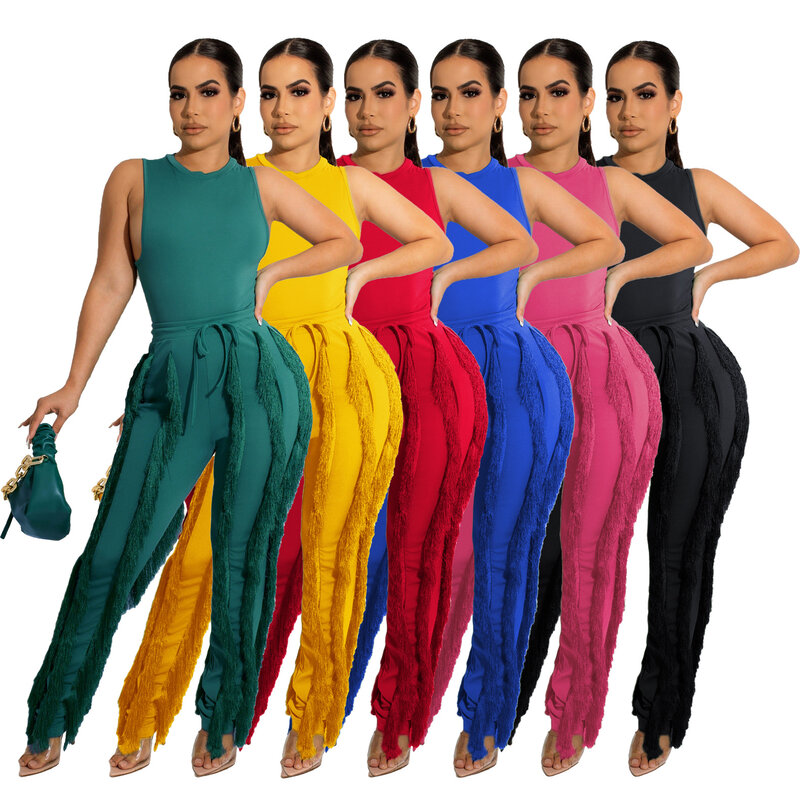 Sexy Ladies 2 Piece Set Outfits Calças Longas Franja Calças 2023 Mulheres Roupas de Verão Elegante Luxo Tops Two Piece Suit Sets