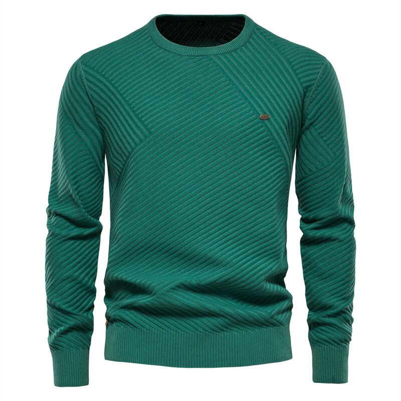Suéter de algodón de Color sólido para hombre, Jersey de punto a rayas con cuello redondo, informal, de alta calidad, para invierno