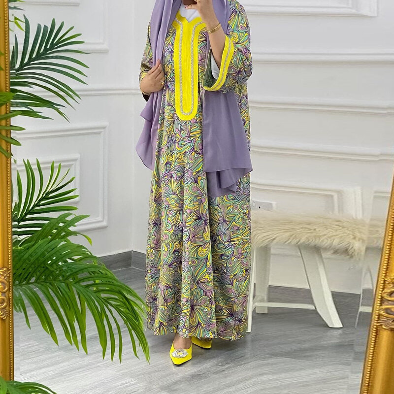 Lekka luksusowa Arabia Dubai Abayas haftowana diamentowa sukienka dla kobiet dorywczo luźne sukienki muzułmańskie Jalabiya modny nadruk długa sukienka