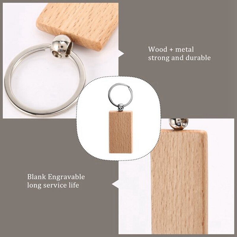 70PCS Wood Keychain Blanks Unfinished Round Wood Key Tag Wood Engraving Blanks Key Chain For DIY Crafts-Rectangle
