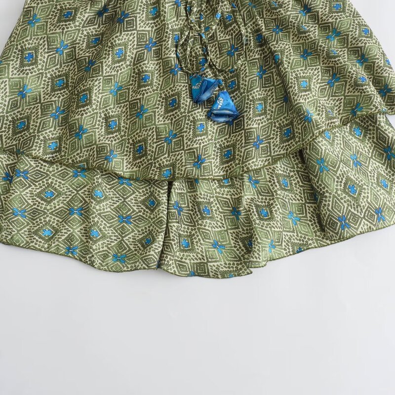 Mini robe rétro à manches courtes pour femmes, décoration à lacets, satin imprimé, Bergame, V Nec, nouvelle mode, 2024