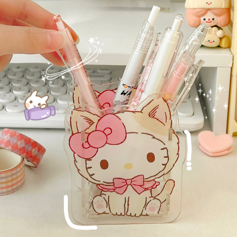 Cute Acrylic Sanrio Pen Holder Transparent Multifunctional Children's Desktop Large Capacity Stationery Storage Box Organizer