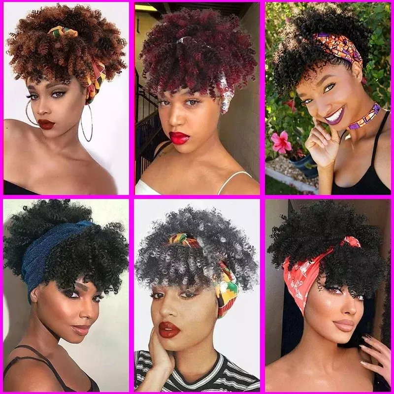 Short Kinky Curly Headband Wigs  Afro Puff Curly Headband Wig For Women Natural Synthetic Turban Wrap Wig  Cosplay Daily Use