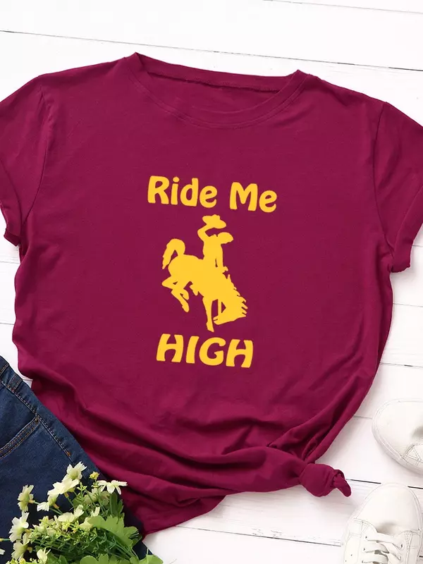 Ride Me High Print kobiety T koszula z krótkim rękawem O Neck luźna koszulka damska koszulka damska topy ubrania Camisetas Mujer