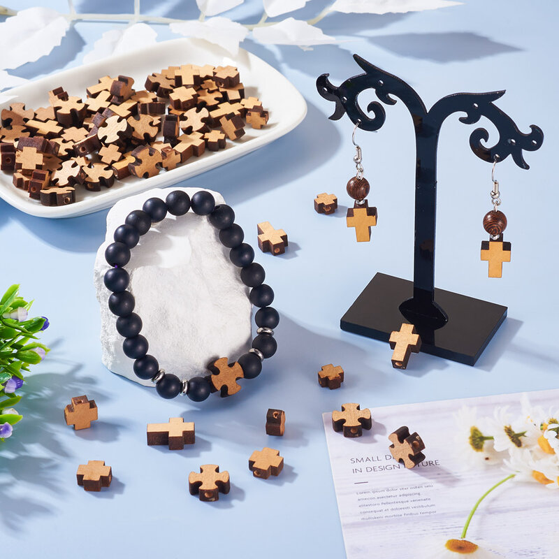 Natural Madeira Contas Cruz para DIY Jóias, Loose Spacer Beads, Colar e Pulseira Acessórios, 4 Estilos, 80PCs