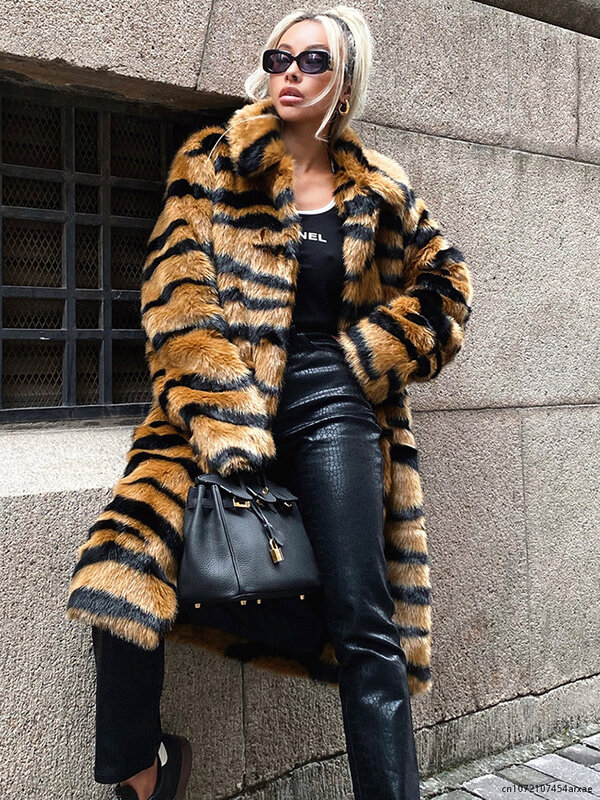 Luxus Pelz Imitation Pelz Frauen Mode Tiger Striped Beiläufige Lange Mäntel Winter High Street Warme Lose Gerade Jacken Teddy