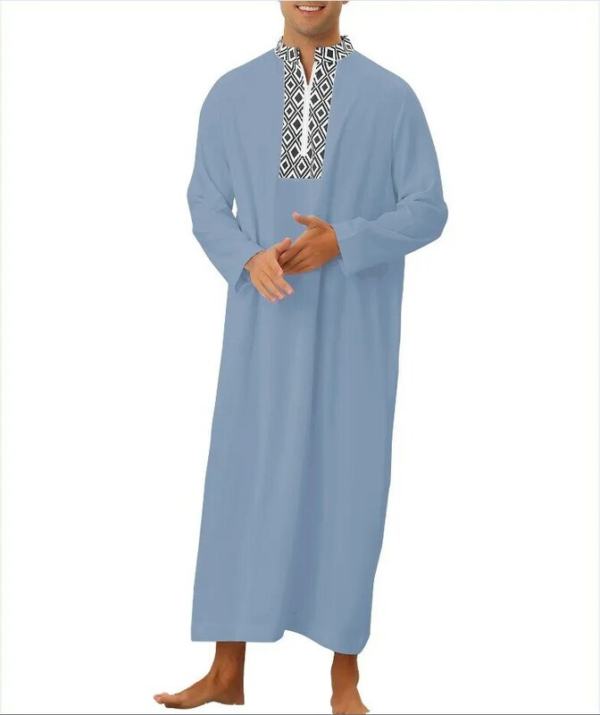 Moda musulmana para hombres, ropa de manga larga con cuello en V, negro, gris, rojo, poliéster, estampado, Jubba, Thobe, musulmán, Abaya, 2023