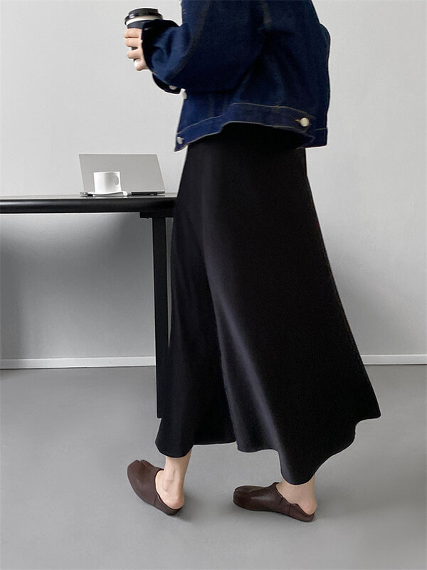 Spring Summer Women High Waist A-line Long Skirts Solid Simple Vintage Basic Skirts Side Split High Quality Office Ladies Skirts