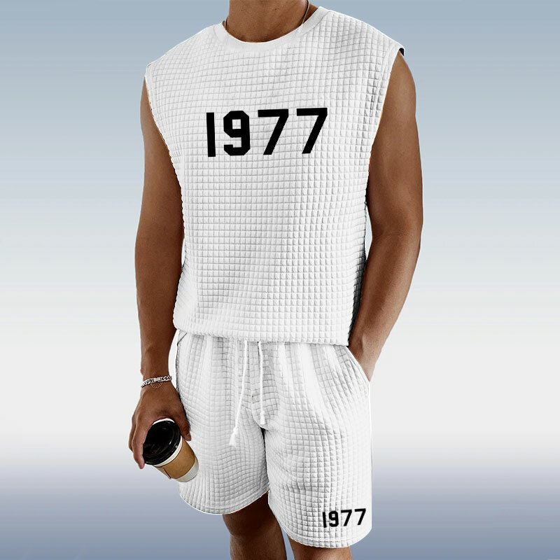 Colete e shorts sem mangas masculino, Jacquard Craft Sportwear, conjunto de roupas solto de duas peças, textura casual, verão, novo, 2022