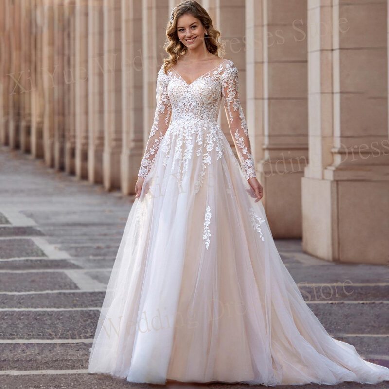 Modern Elegant V-Neck Wedding Dresses Charming Lace Appliques Bride Gowns Long Sleeve Button Illusion Tulle Vestidos De Novia