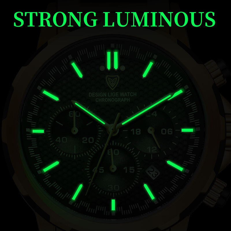 LIGE 탑 브랜드 럭셔리 남성 손목 시계, 풀 스틸 쿼츠 시계, 스포츠 방수 남성 시계, 빅 Relogio Masculino