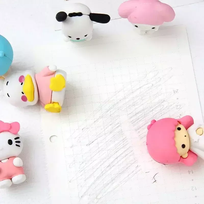 12 buah penghapus lucu Sanrio Kawaii Hello Kitty dapat dilepas perakitan kotak hadiah penghapus liburan siswa hadiah hadiah kecil grosir