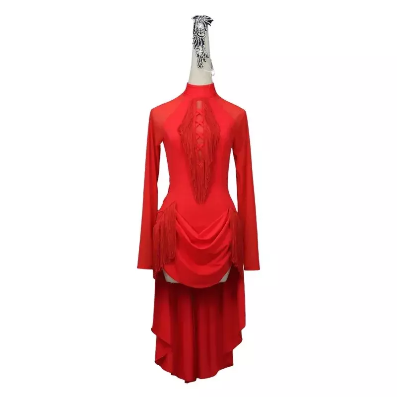 Vestido de competición profesional de baile latino rojo para mujer, Falda corta sin tirantes, Sexy, ropa de práctica de salón, ropa para niña, 2024