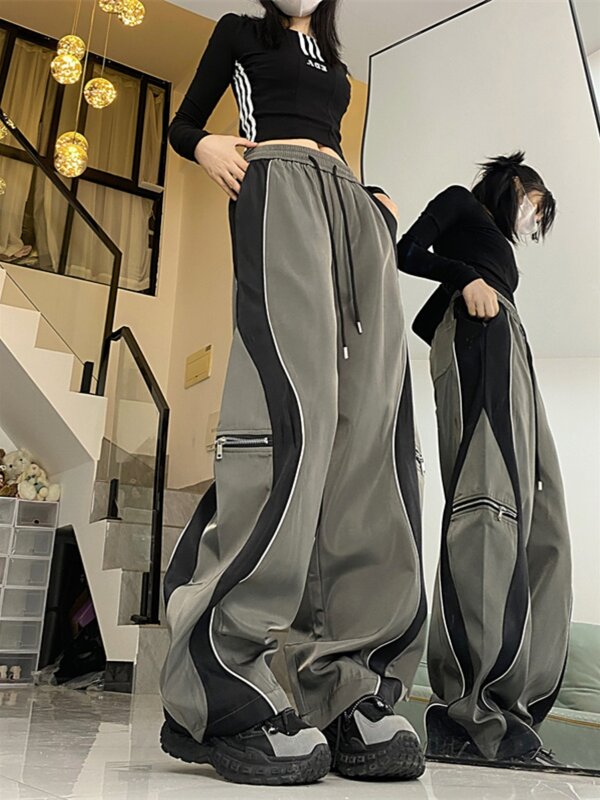 Женские брюки Y2K в стиле панк с широкими штанинами, шикарные штаны с завязками и карманами, спортивные брюки-багги в полоску с парашютом, штаны для бега