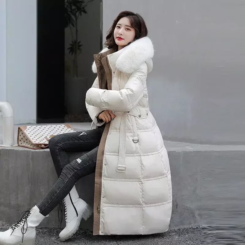 Parkas de algodão para baixo feminino, casaco longo x acima do joelho, colarinho de cabelo grande, versão coreana, cinto de emagrecimento, inverno, novo