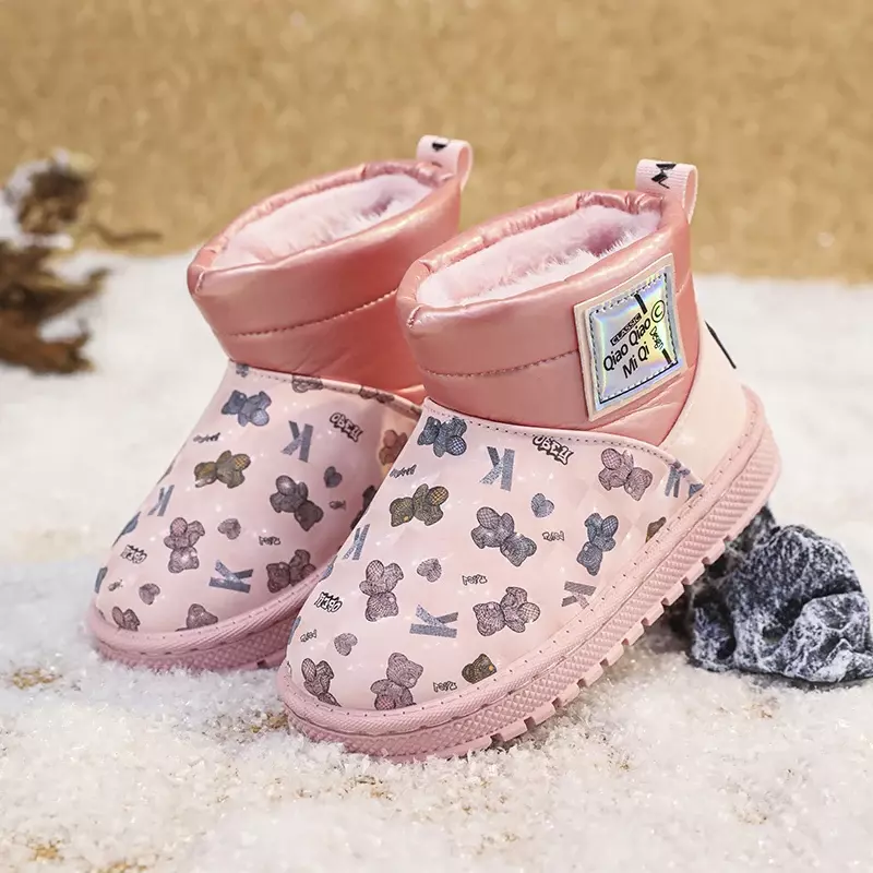 Детские зимние ботинки из хлопка на толстой подошве, теплые плюшевые уличные нескользящие легкие ботинки для девочек, простая Новая модная детская обувь