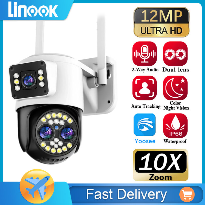 Linook, APP: YOOSEE, kamera CCTV 12MP, kamera CCTV 360 WiFi, 12MP, pan tilt tahan air luar ruangan, kamera IP, kamera CCTV nirkabel