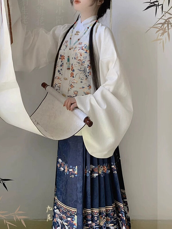 Saia retrô hanfu feminina, com pescoço quadrado colorido, top curto emendado, mangas pipa, saia de rosto de cavalo, outono e inverno