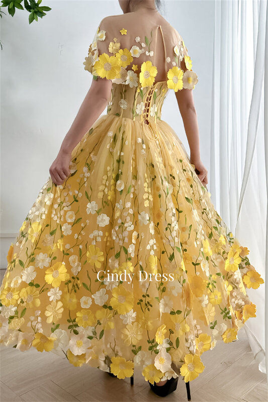 Cindy Yellow Embroidery A-line Applique Wedding Party Dress Women Elegant Luxury Dresses for Special Events Evening Gown 2024